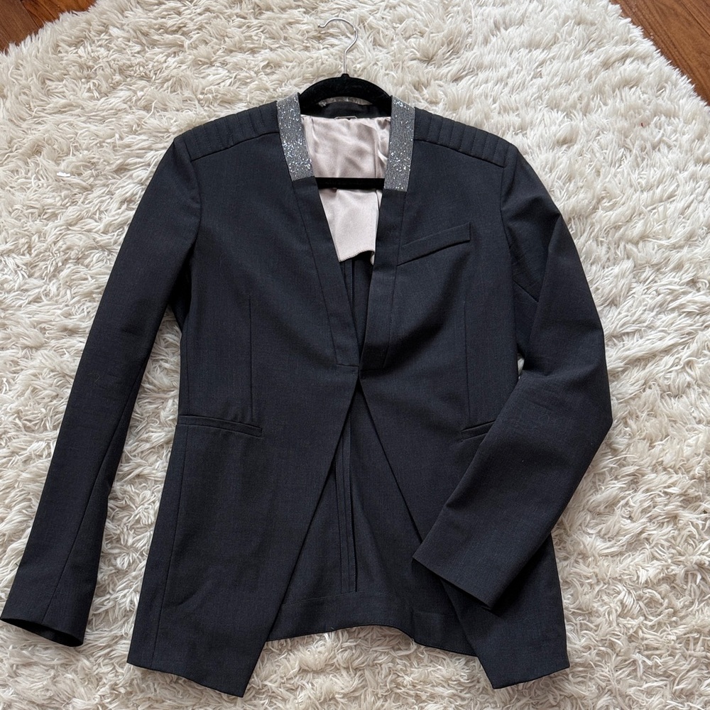Brunello Cucinelli grey wool jacket w/ monilli neckline & moto shoulder details